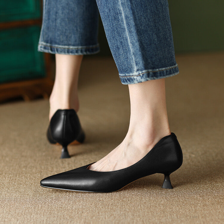 Women's Pointed Toe Pumps with Low Kitten Heel and Slip-On Design