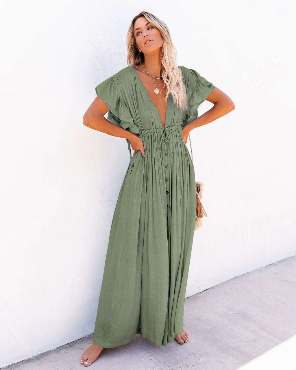 Women's Boho Beach Cover Up with Wrap V Neck and Flowing Design