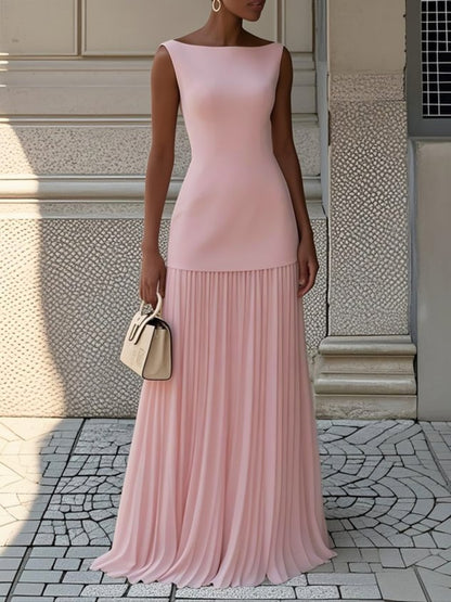 Graceful Silhouette Enhancing Sleeveless Pleated Flowing Evening Elegant Maxi Dress