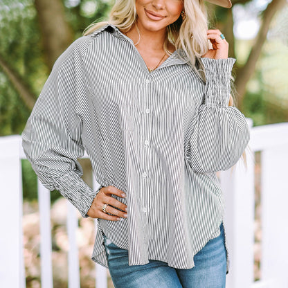 Women's Oversized Button-Down Shirt with Striped Pattern and Long Sleeves