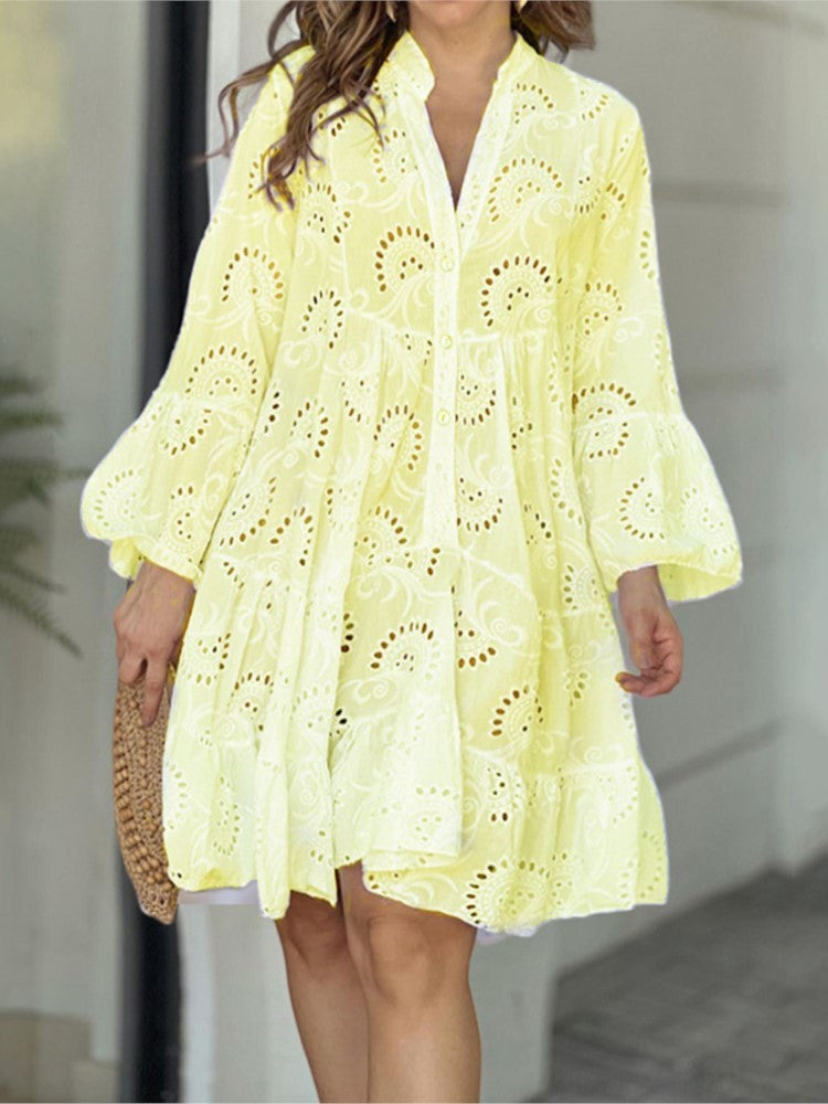 Women's Tiered Mini Dress with Patterned Design and Flared Skirt