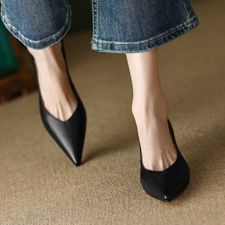 Women's Pointed Toe Pumps with Low Kitten Heel and Slip-On Design