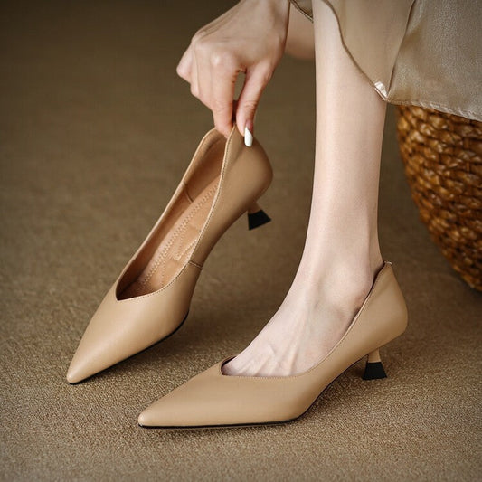 Women's Pointed Toe Pumps with Low Kitten Heel and Slip-On Design