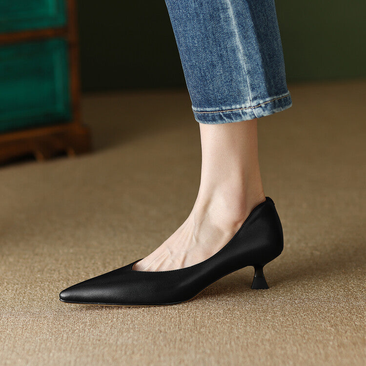 Women's Pointed Toe Pumps with Low Kitten Heel and Slip-On Design