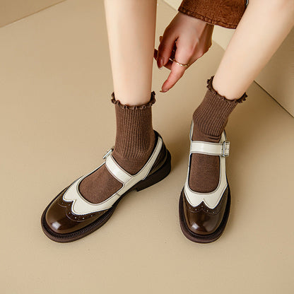 Women's Two-Tone Mary Jane Shoes with Brogue Detail and Low Heel