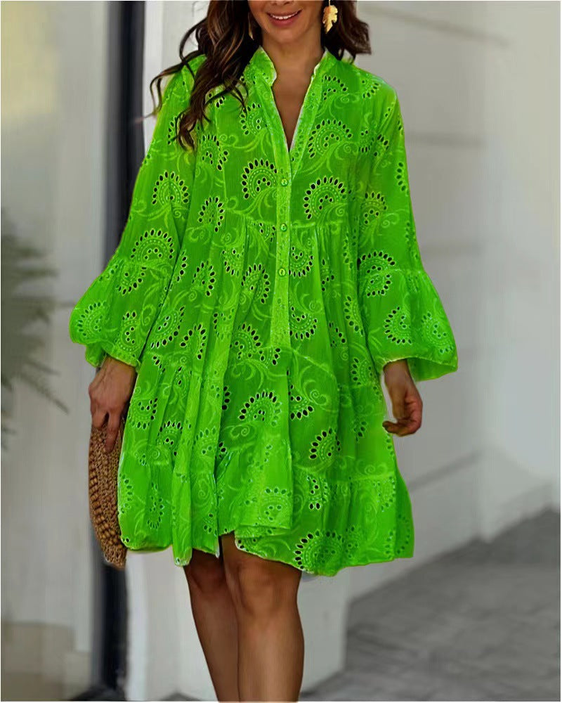 Women's Tiered Mini Dress with Patterned Design and Flared Skirt