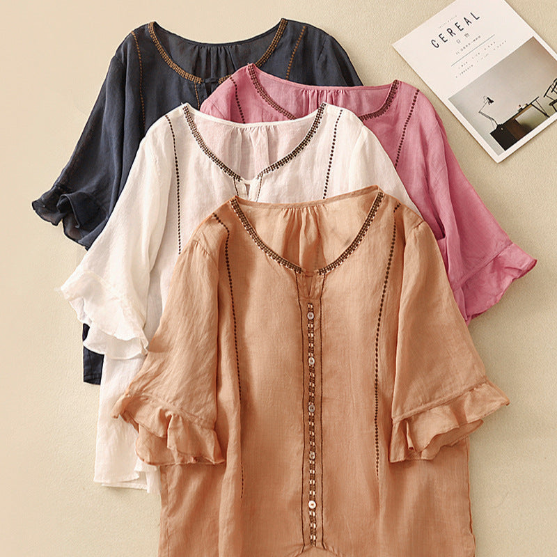 Women's Ruffle Sleeve Blouse with Pattern Design and Lightweight Fabric