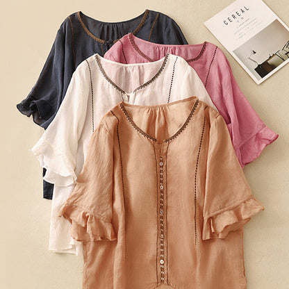 Women's Ruffle Sleeve Blouse with Pattern Design and Lightweight Fabric