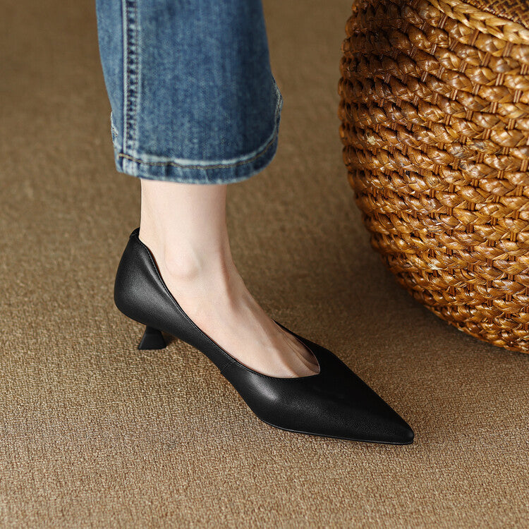 Women's Pointed Toe Pumps with Low Kitten Heel and Slip-On Design