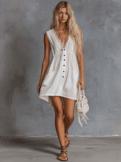 Elegant Vintage Western Lace V-Neck Front-Button White Cotton Mini Dress