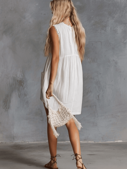 Elegant Vintage Western Lace V-Neck Front-Button White Cotton Mini Dress