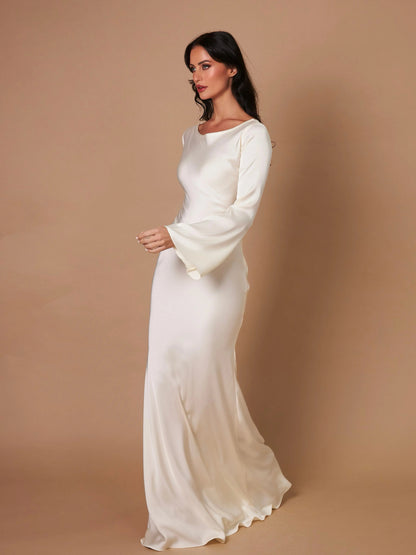 Luxurious Draped Long-Sleeve Satin Evening Floor-Length Maxi Silhouette Elegant Dress