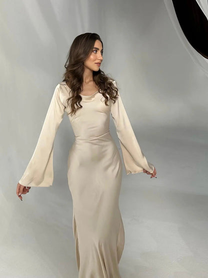 Luxurious Draped Long-Sleeve Satin Evening Floor-Length Maxi Silhouette Elegant Dress