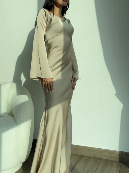 Luxurious Draped Long-Sleeve Satin Evening Floor-Length Maxi Silhouette Elegant Dress
