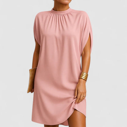 Luxuriously Soft Blush Pink Mock-Neck Batwing Crepe Texture Split-Sleeve Midi Dress