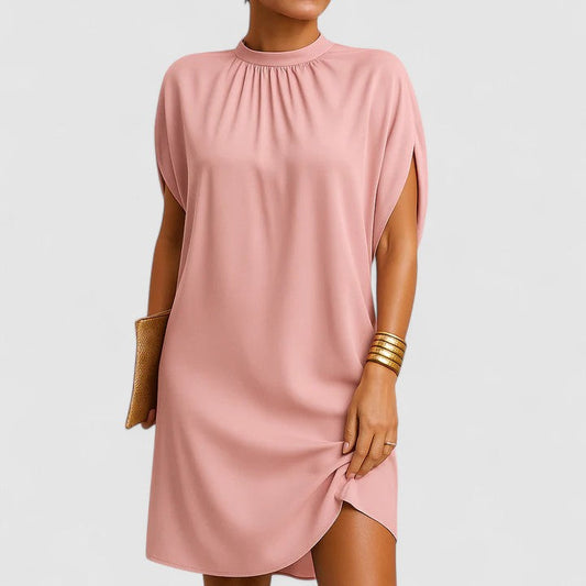 Luxuriously Soft Blush Pink Mock-Neck Batwing Crepe Texture Split-Sleeve Midi Dress