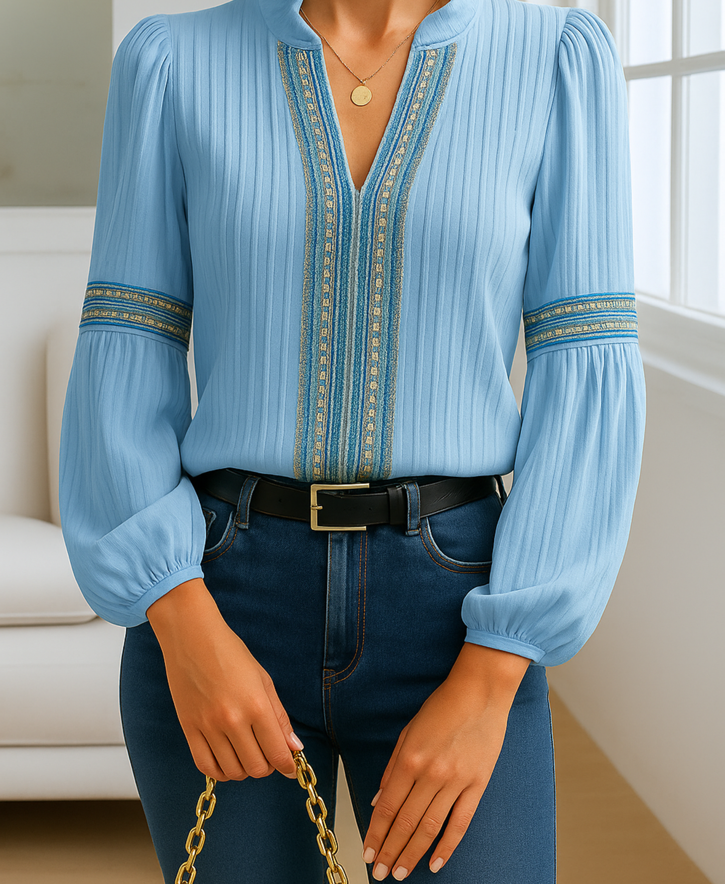 Women's Vintage V-Neck Blouse with Classic Design and Timeless Appeal