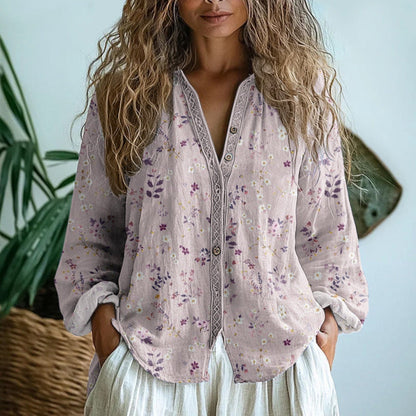 Women's Relaxed Blouse with Nature Print and Short Sleeves