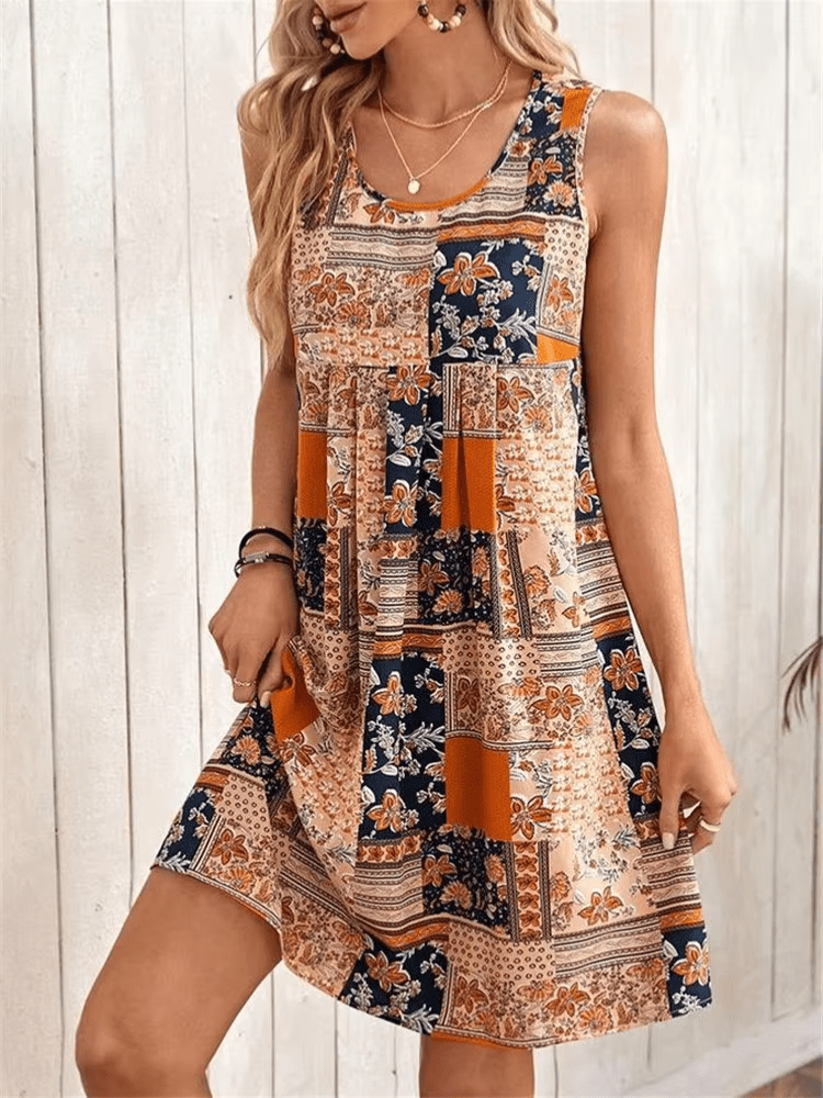 Women's Patchwork Print Mini Dress with Sleeveless Design and Casual Style