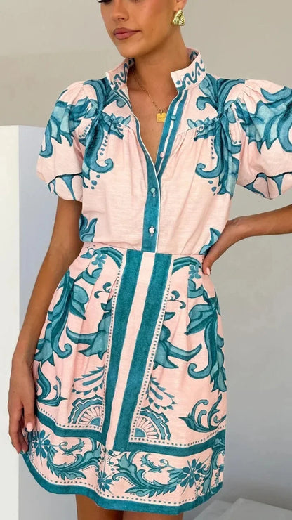 Women's Puff Sleeve Mini Dress with Floral Print and Relaxed Fit