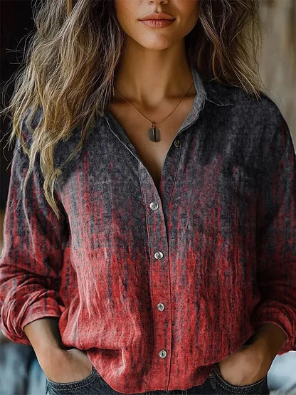 Women's Long Sleeve Button-Down Shirt with Floral Print and Autumn Colors