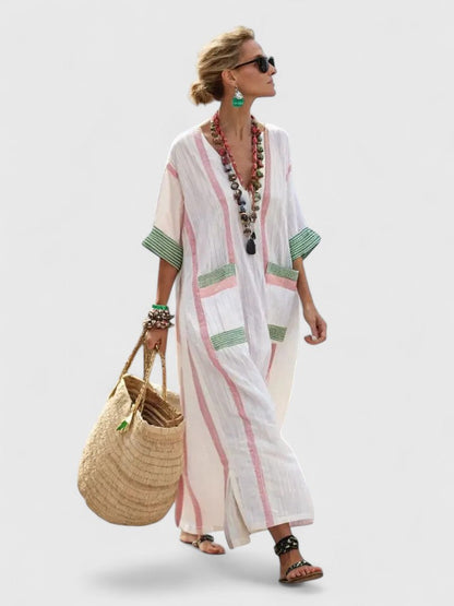 Women’s Linen Blend Kaftan Maxi Dress – Deep V-Neck Stripe Print Airy Flow Dress