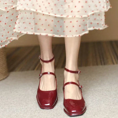 Women's Ankle Strap Block Heel Pumps with Square Toe and Classic Design