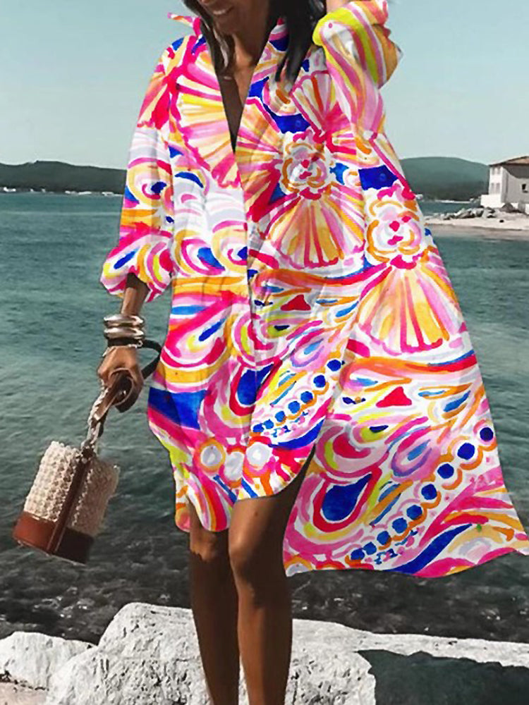 Relaxed Breezy Oversized Vibrant Printed Summer Midi Shirt Dress