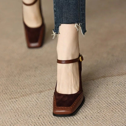 Women's Square Toe Block Heel Pumps with Ankle Strap and Brogue Detail