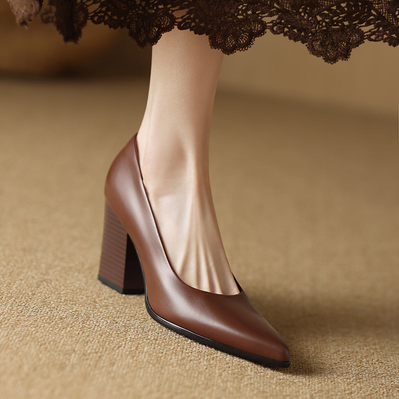 Women's Block Heel Pumps with Pointed Toe and Slip-On Design
