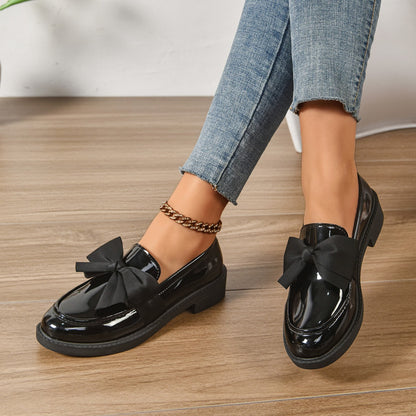 Ayora Women's Glossy Leather Moc-Toe Bow Loafer – Comfortable Platform Slip-On