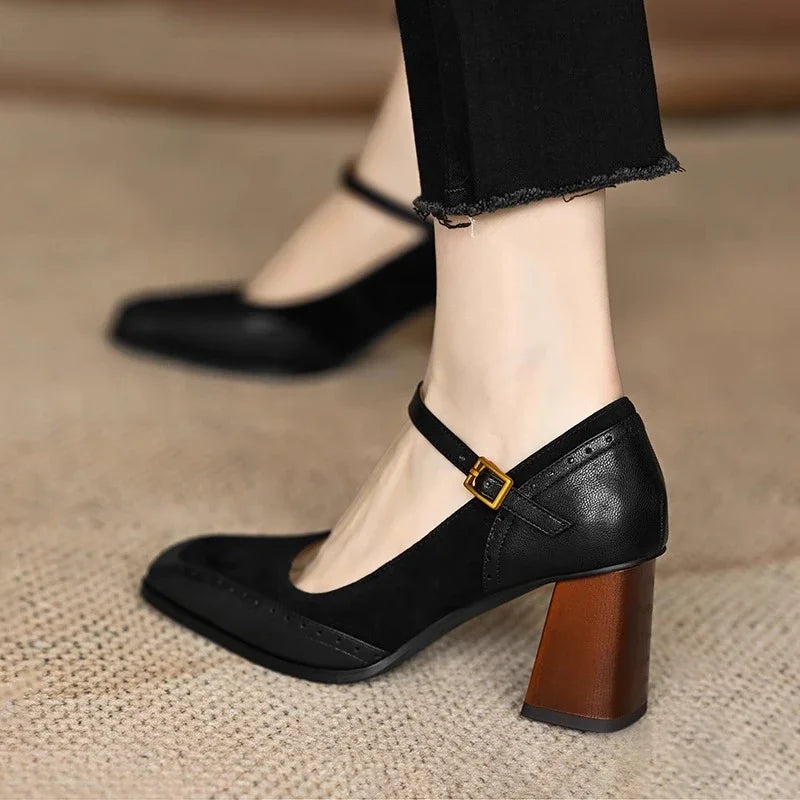 Women's Square Toe Block Heel Pumps with Ankle Strap and Brogue Detail