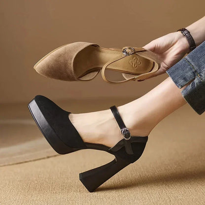 Women's Platform Block Heel Pumps with Ankle Strap and Sturdy Base