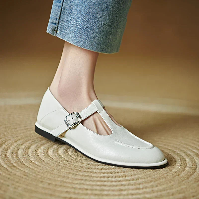 Women's T-Strap Mary Jane Flats with Round Toe and Low Heel