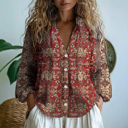 Women's Relaxed Blouse with Nature Print and Short Sleeves