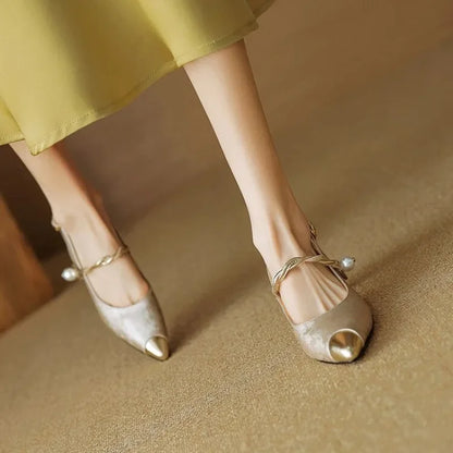Women's Slingback Kitten Heels with Pearl Strap and Pointed Toe