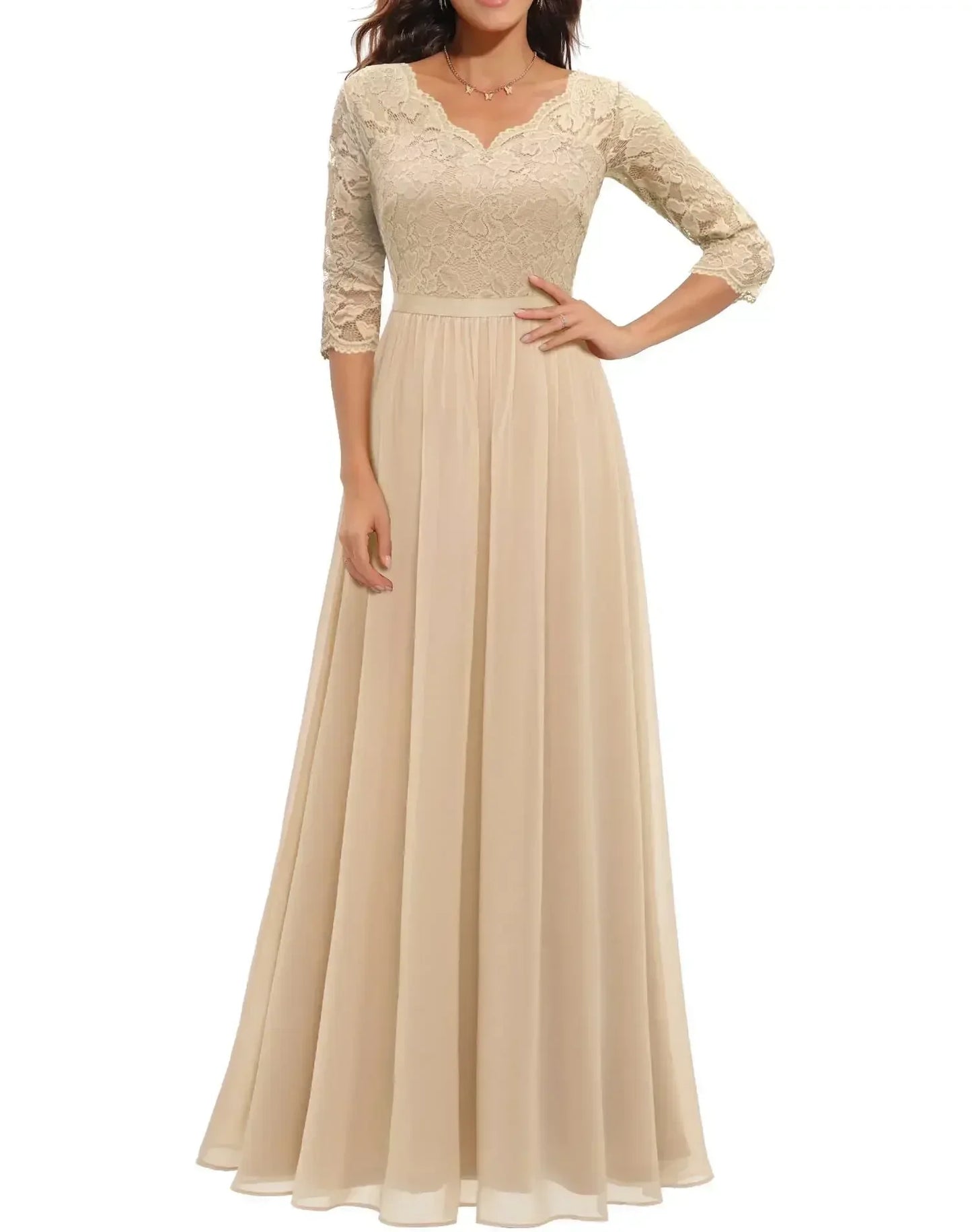 Elegant Alluring Lace Detailing Chantilly Lace Pattern Luxuriously Flowing Evening Gown