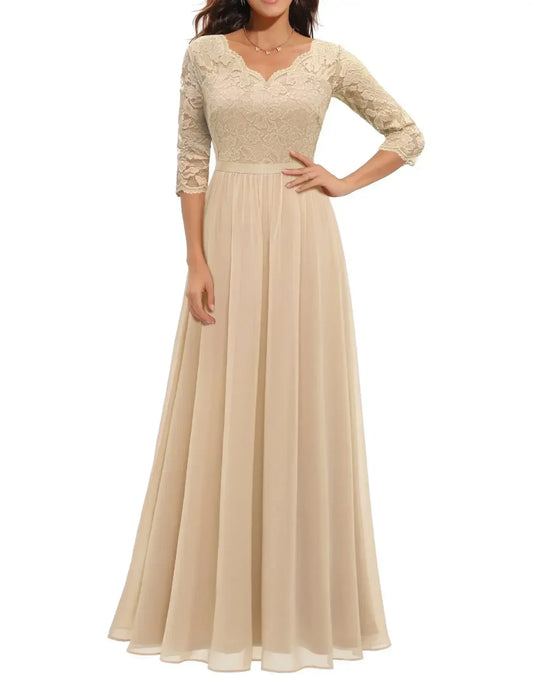 Elegant Alluring Lace Detailing Chantilly Lace Pattern Luxuriously Flowing Evening Gown