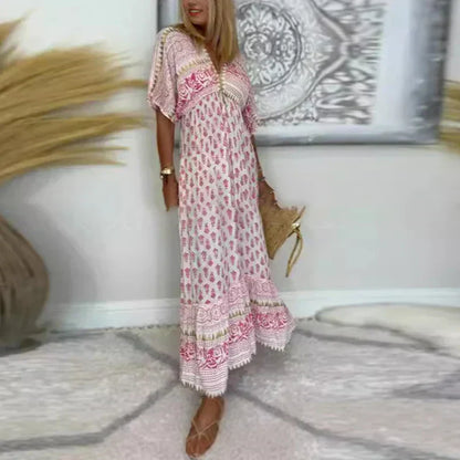 Elegant Women's Boho Floral Print Flowing Maxi Dress for Relaxed Summer Comfort