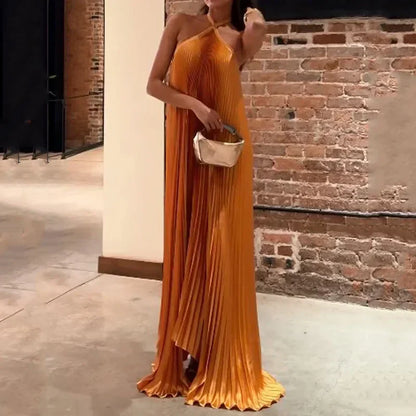 Graceful Pleated Halter Neck Maxi Dress with Flowing Silhouette for Women's Evening Weddings