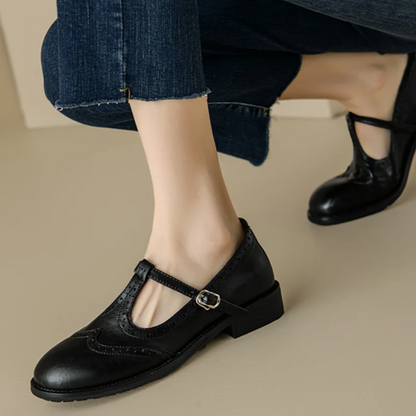 Women's T-Strap Mary Jane Shoes with Low Block Heel and Buckle Closure