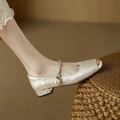 Women's Mary Jane Shoes with Pearl Strap and Block Heel