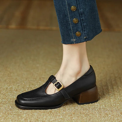 Women's T-Strap Mary Jane Shoes with Square Toe and Low Block Heel