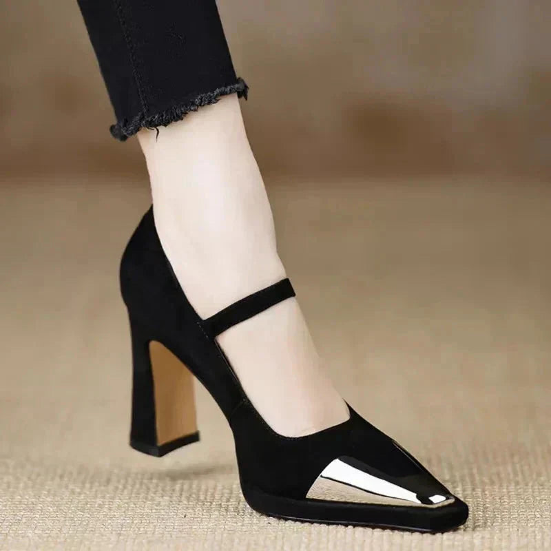Women's Mary Jane High Heel Pumps with Cap Toe and Block Heel