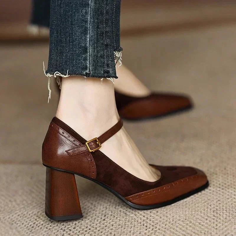 Women's Square Toe Block Heel Pumps with Ankle Strap and Brogue Detail