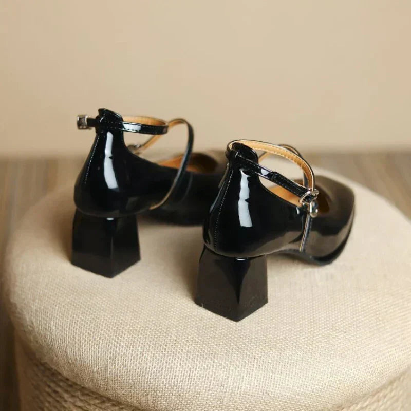 Women's Ankle Strap Block Heel Pumps with Square Toe and Classic Design