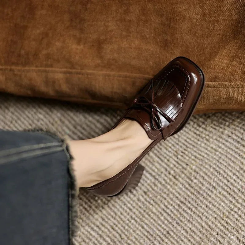 Women's Tassel Loafer Pumps with Block Heel and Round Toe