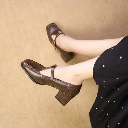 Women's Square Toe Mary Jane Heels with Block Heel and Gold Buckle