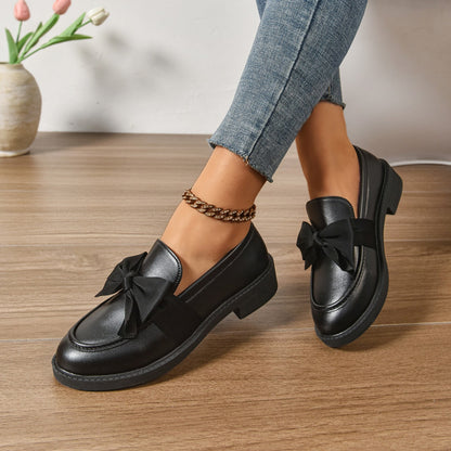 Ayora Women's Glossy Leather Moc-Toe Bow Loafer – Comfortable Platform Slip-On