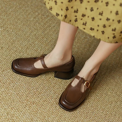 Women's T-Strap Mary Jane Shoes with Square Toe and Low Block Heel